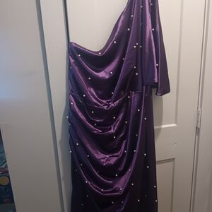 Elegant Purple One-Shoulder Dress with Pearl Accents